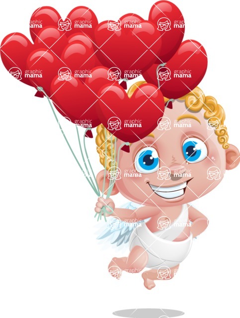 Cupid Cartoon Character - Cartoon Cupid with Heart Balloons